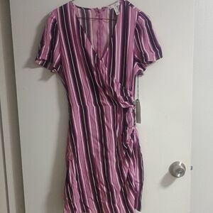 NWT Magenta Mauve Brown Striped Faux Wrap Dress